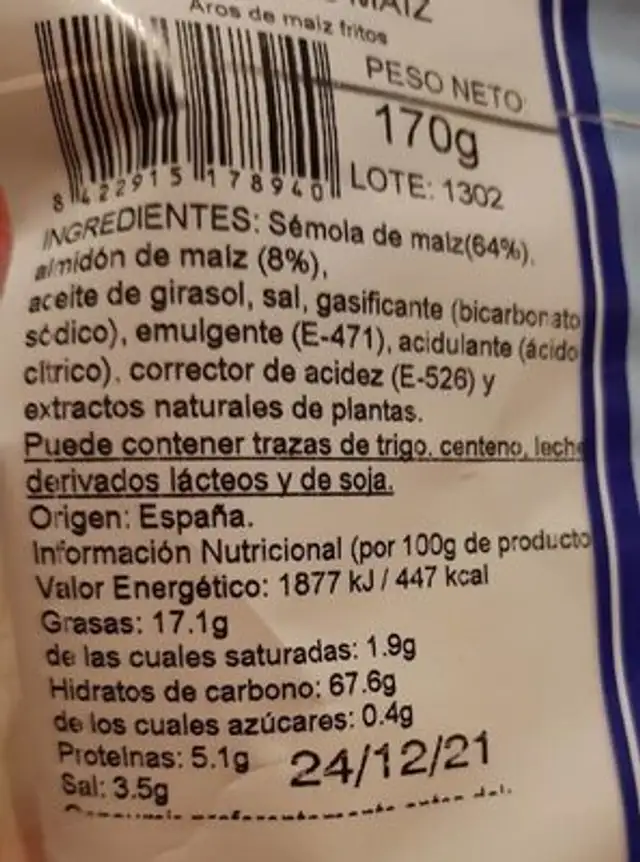 Snack nutrition facts table