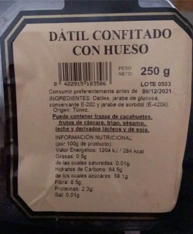dátil confitado con hueso nutrition facts table