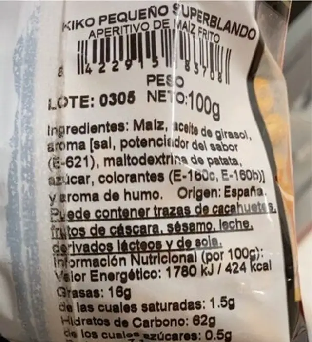 Maíz frito nutrition facts table