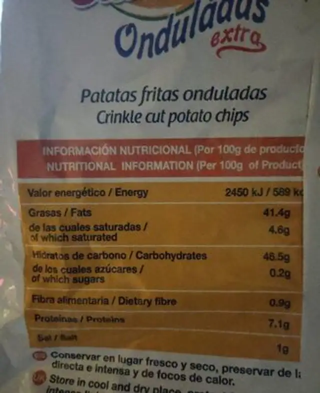 Ondu chip nutrition facts table