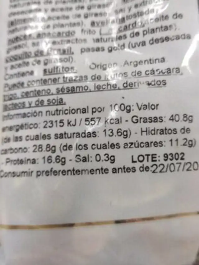 Coctel especial nutrition facts table