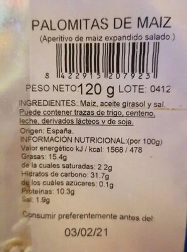 Palomitas nutrition facts table