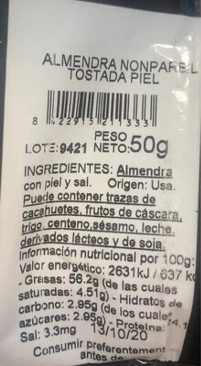 Almendra Tostada nutrition facts table