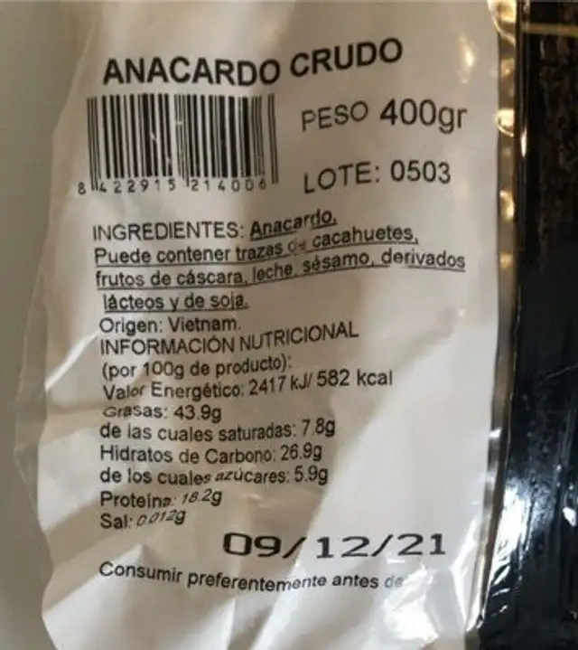 Anacardo crudo nutrition facts table