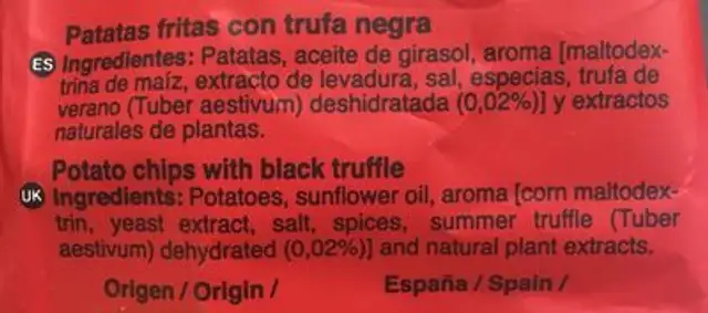 Patatas fritas con trufa negra ingredients label
