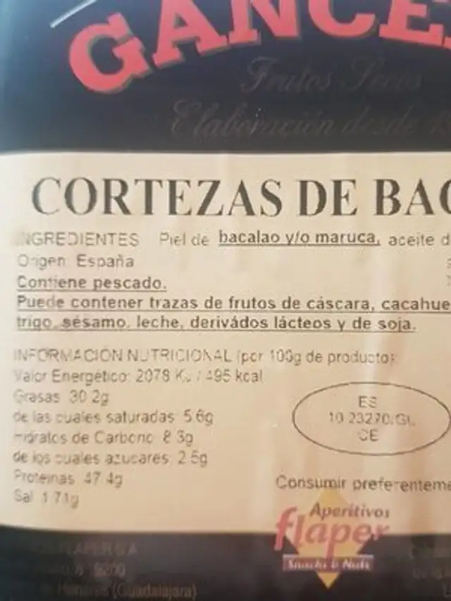 Cortezas de bacalao nutrition facts table