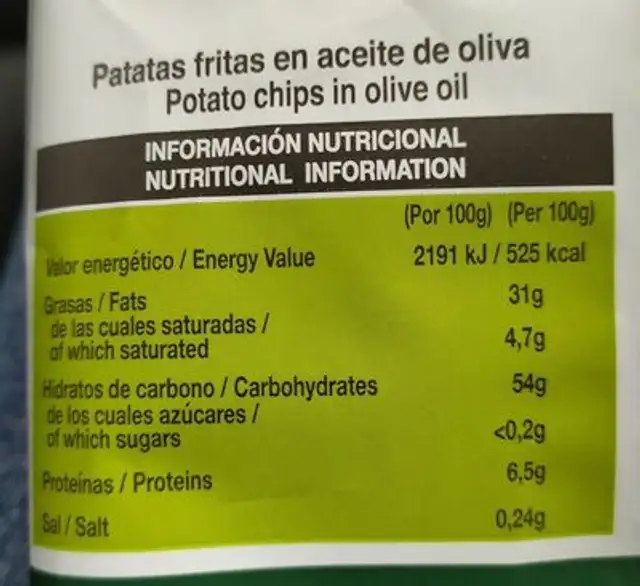 Patatas fritas en Aceite de Oliva nutrition facts table