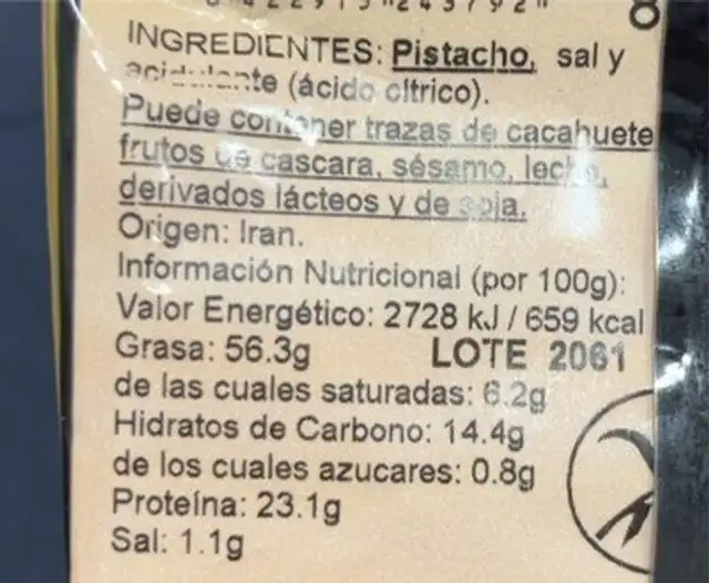 Pistacho tostado nutrition facts table