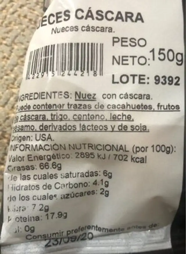 Nuez nutrition facts table