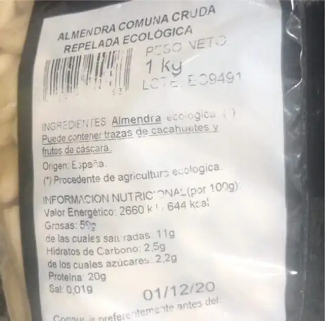 Almendras nutrition facts table