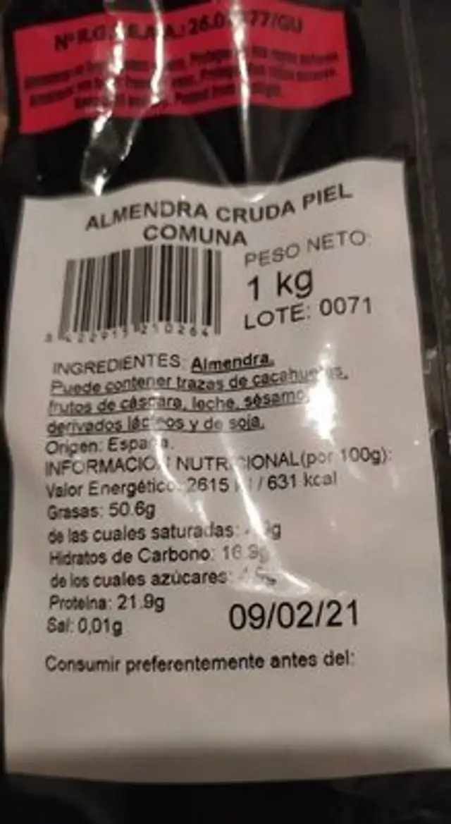 Almendra nutrition facts table