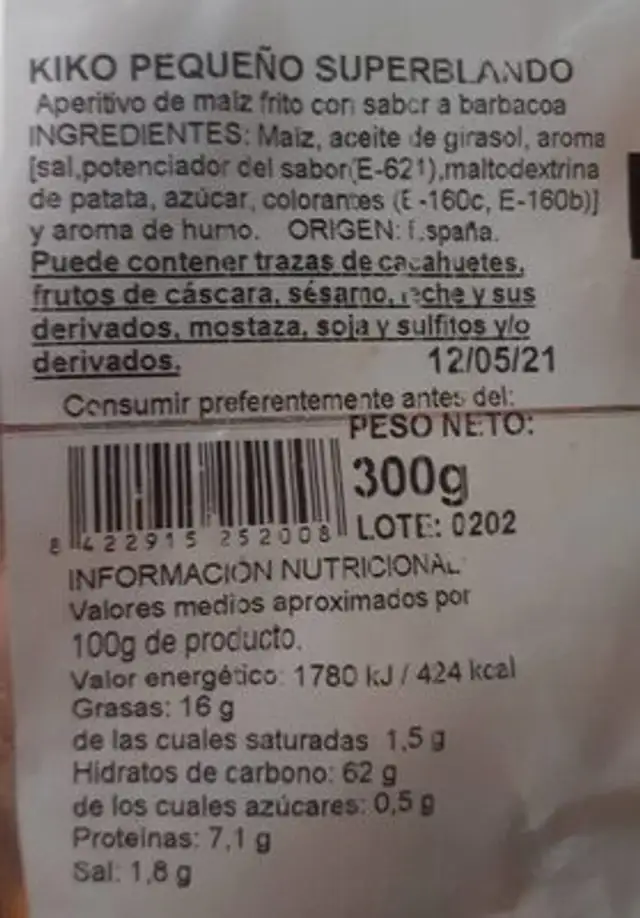 Kiko pequeño superblando nutrition facts table