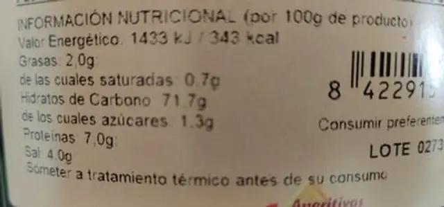 Ruedas de Patatas Crudas nutrition facts table