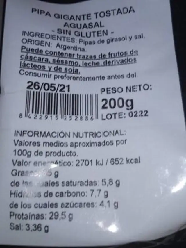 Pipas nutrition facts table