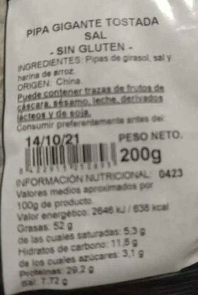 Frutos secos - pipas tostadas saladas nutrition facts table