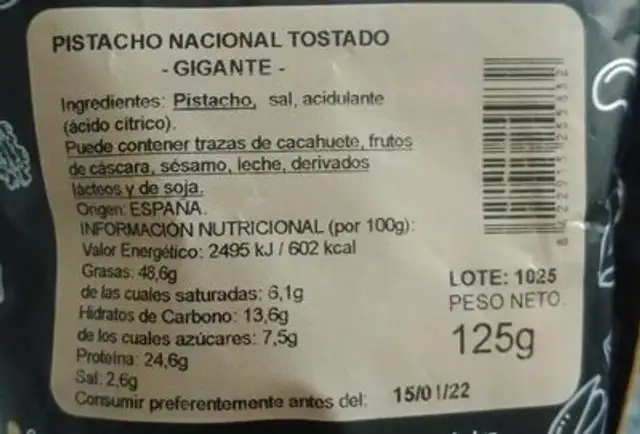 Pistacho nacional nutrition facts table