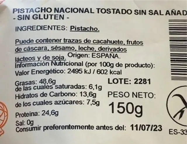 Pistacho nutrition facts table