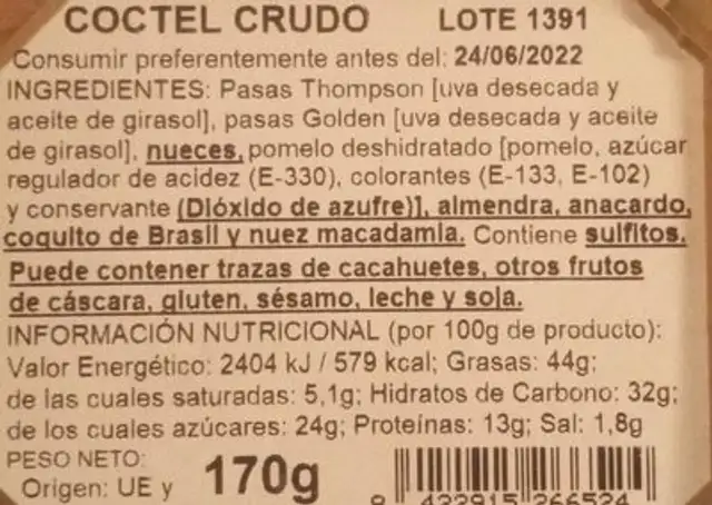 Frutos secos nutrition facts table