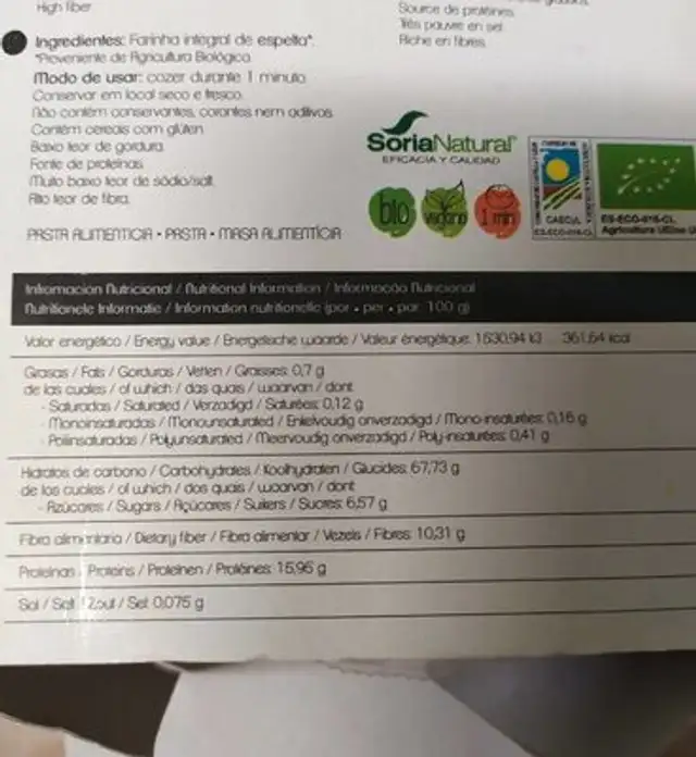 Fideos de espelta nutrition facts table