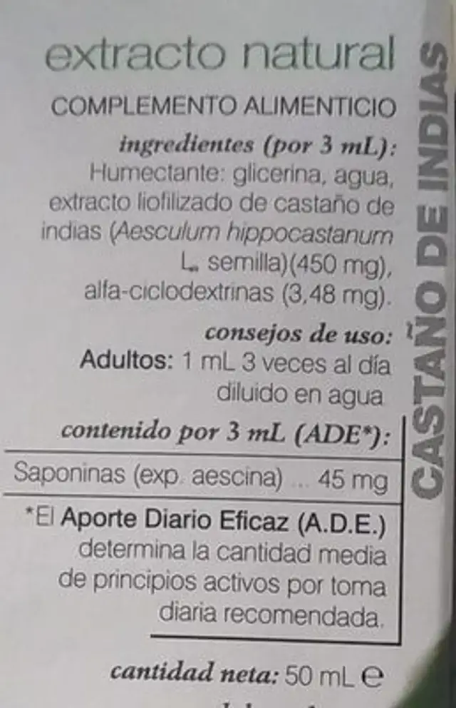 Castaño de indias nutrition facts table