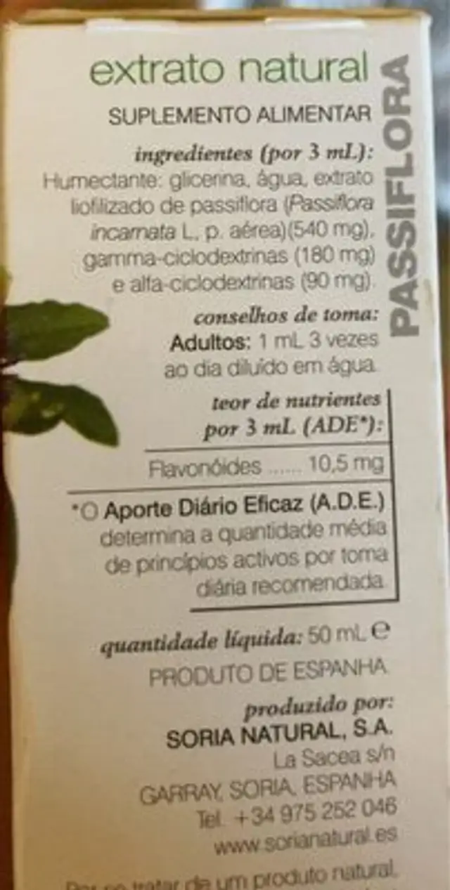 Pasiflora nutrition facts table
