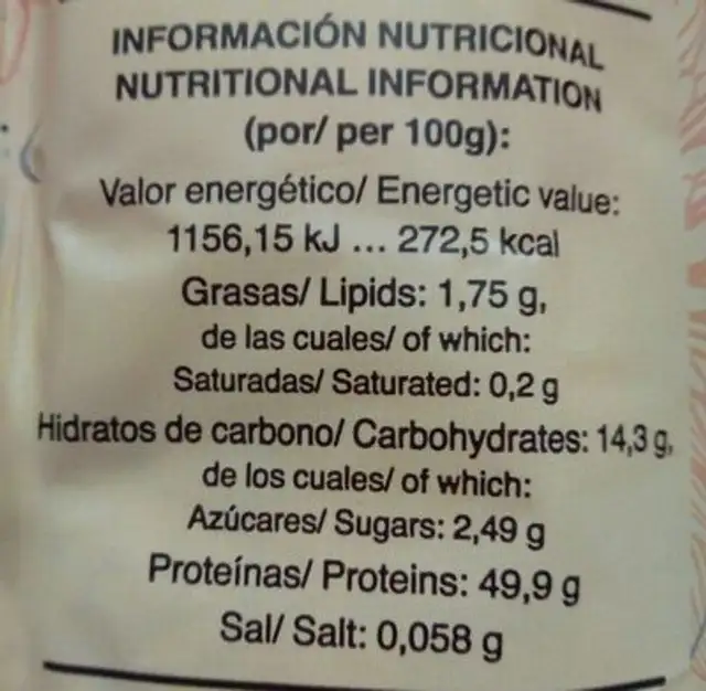 Llevat de cervesa nutrition facts table