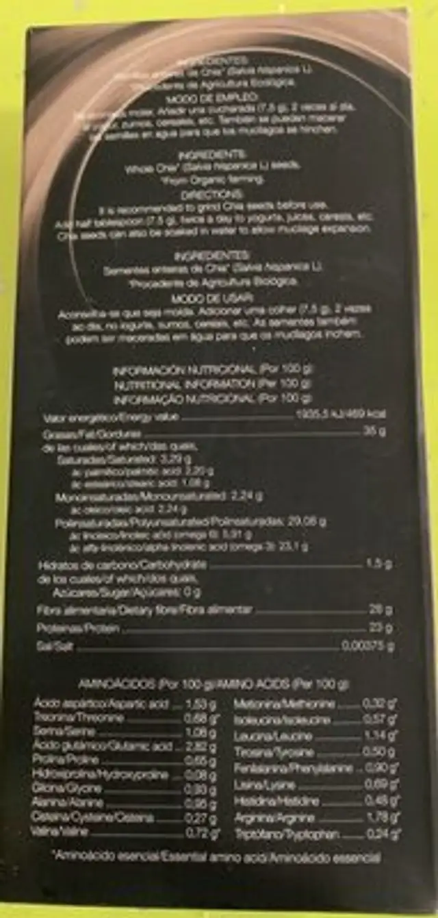 Alecosor Chia Seeds nutrition facts table