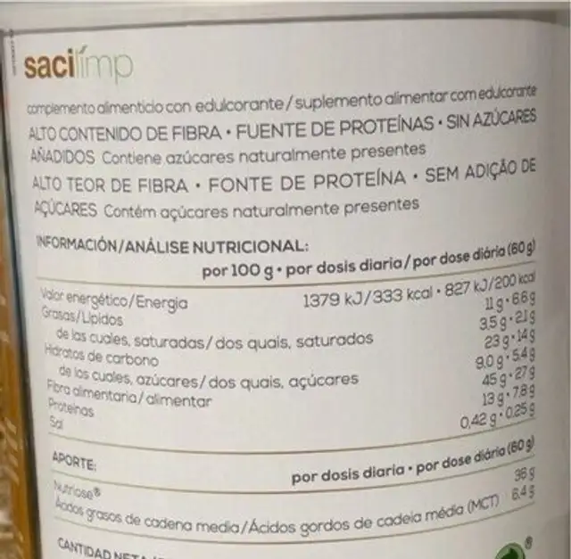 sacilimp nutrition facts table