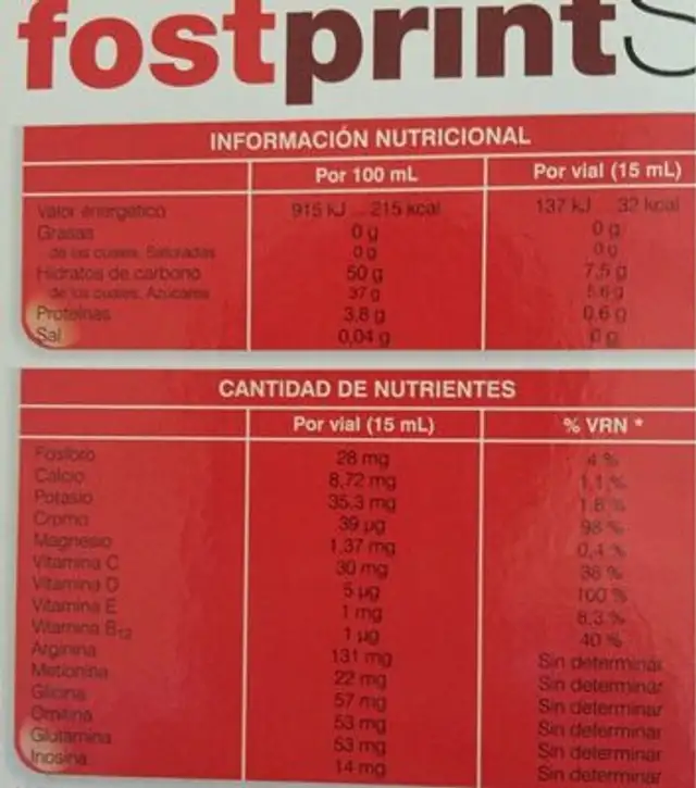 Fostprint SPORT nutrition facts table