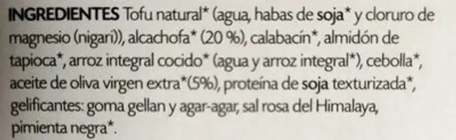 Hamburguesa vegetal de alcachofa ingredients label