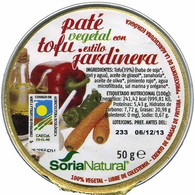 Paté vegetal con tofu estilo jardinera front packaging