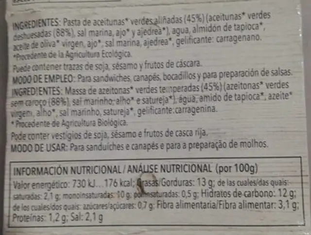 Paté vegetal de aceituna verda nutrition facts table