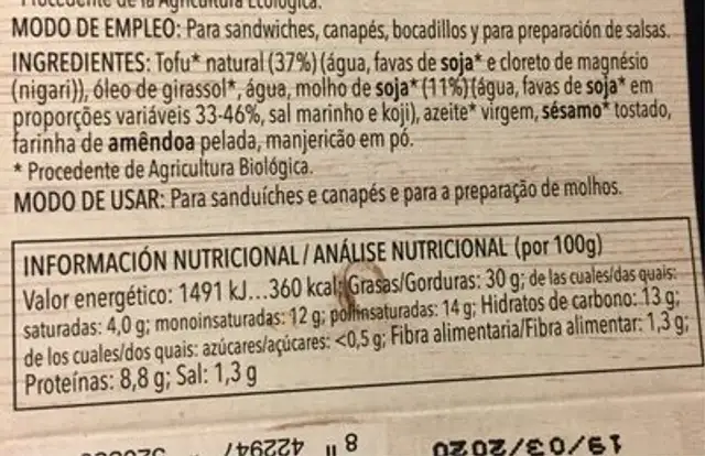 Pate vegetal con tofu estilo oriental nutrition facts table