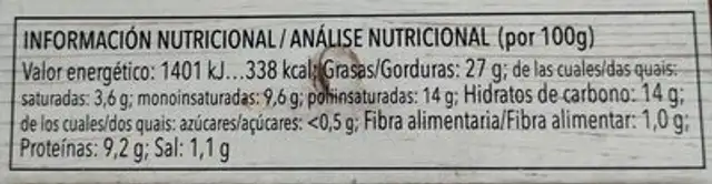 Paté vegetal con tofu y semillas nutrition facts table