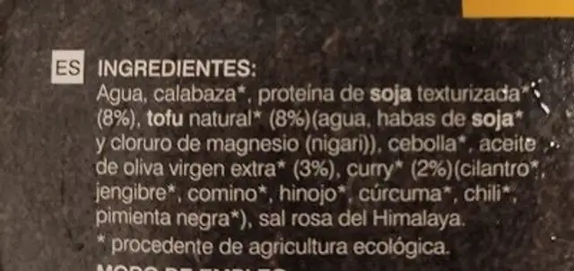 Picadillo vegetal al curry ingredients label