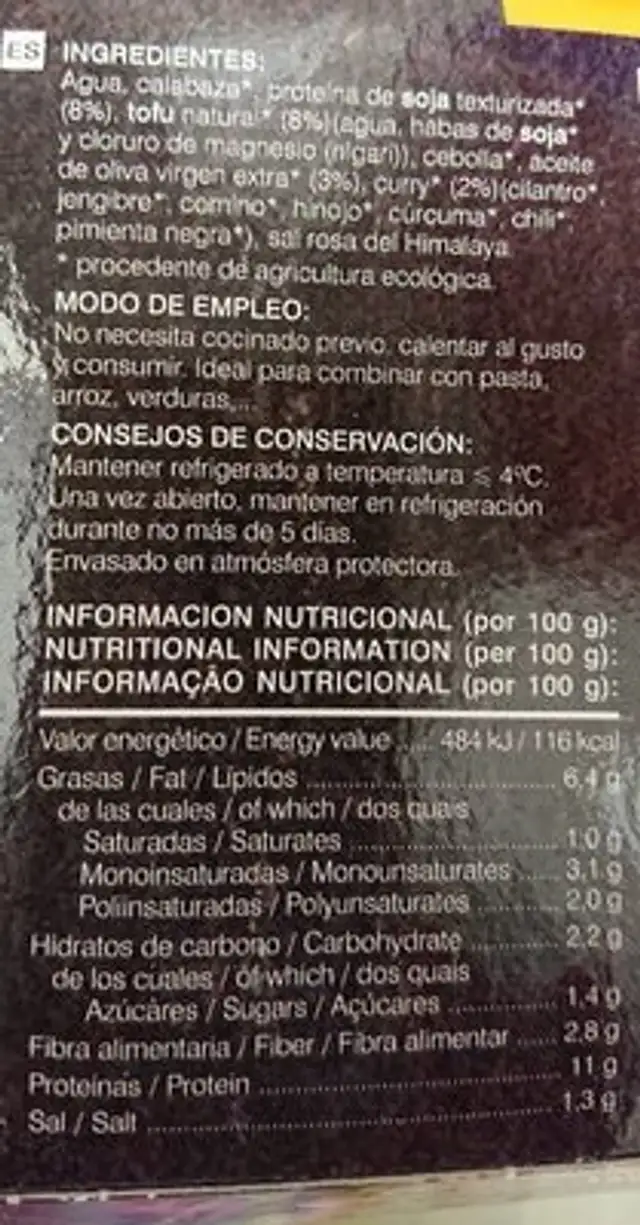 Picadillo vegetal al curry nutrition facts table