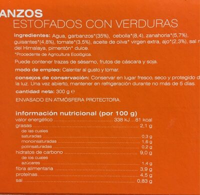 Garbanzos Estofados con Verduras nutrition facts table