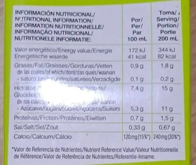 Bebida de avena calcio nutrition facts table