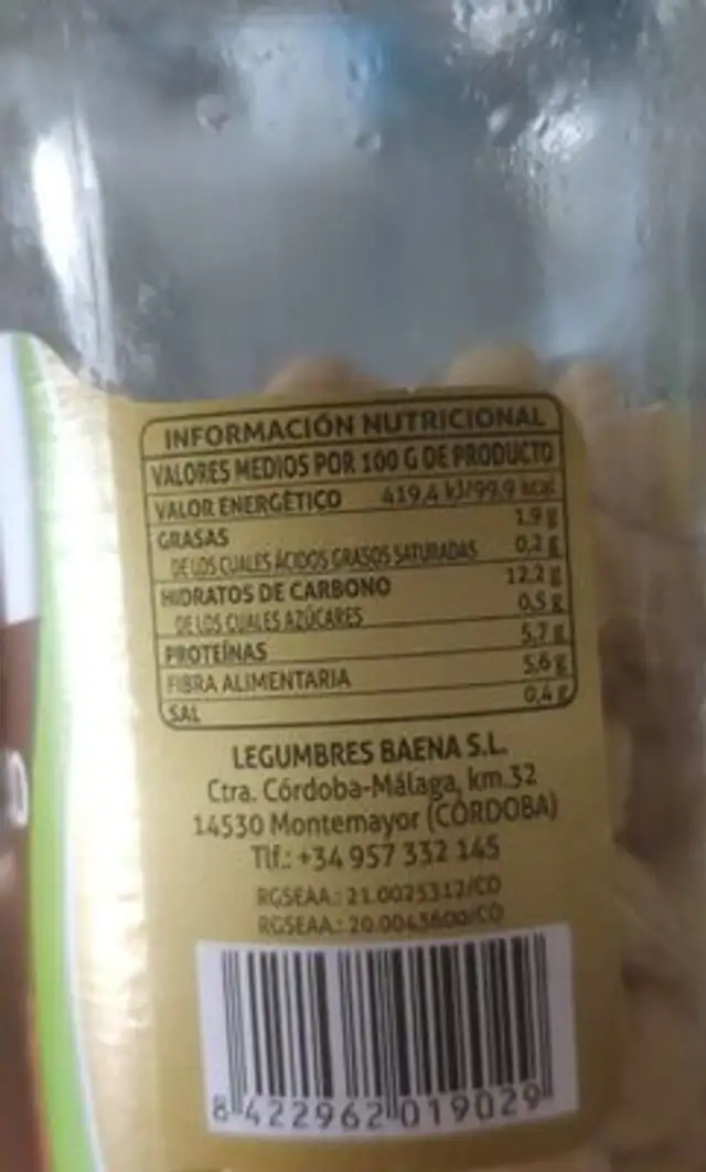 Garbanzo nutrition facts table