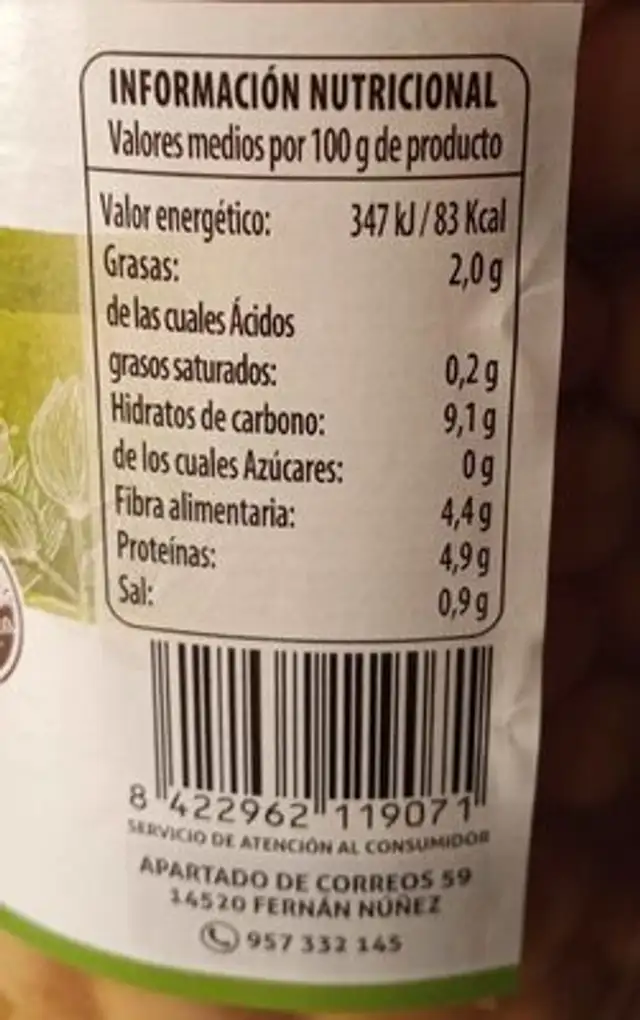 Garbanzos ecológicos nutrition facts table