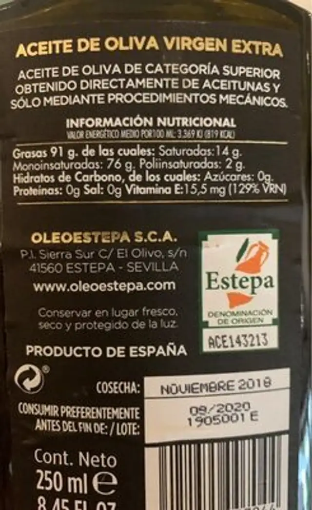 Aceite de oliva virgen extra nutrition facts table
