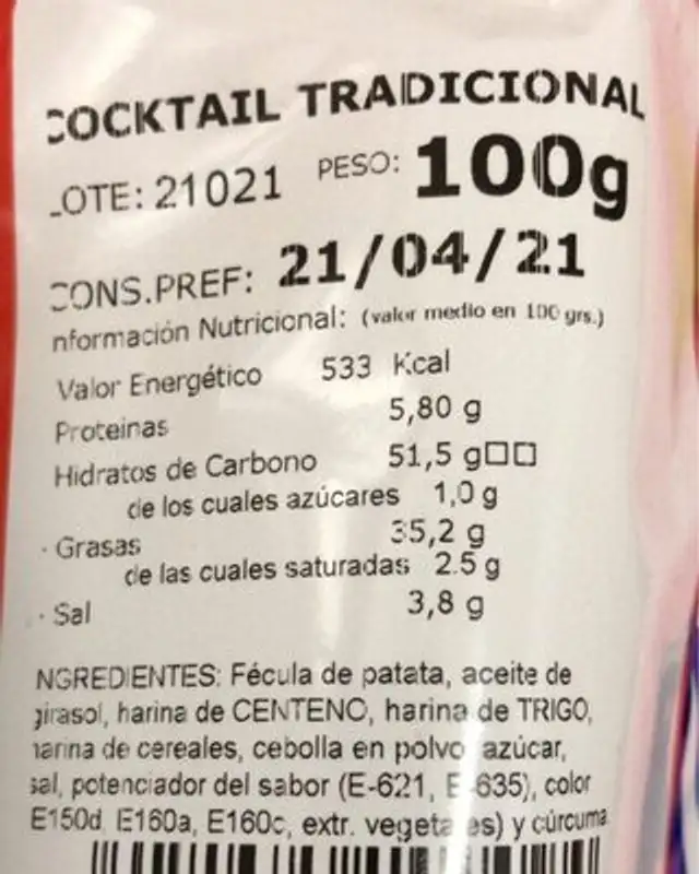 Snacks nutrition facts table
