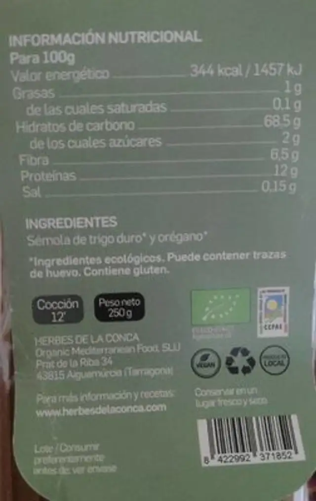 tallarines con orégano nutrition facts table