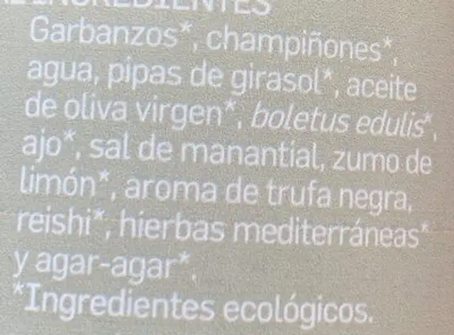 Paté vegetal de setas a la trufa ingredients label