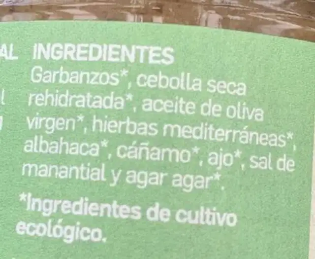 Paté Vegetal de Finas Hierbas con Cáñamo ingredients label