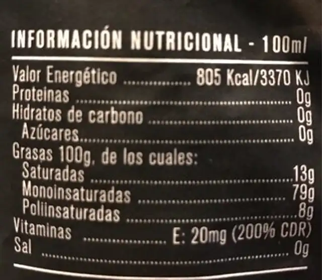 Aceite de oliva virgen extra coupage nutrition facts table
