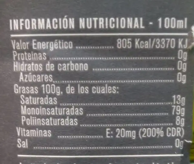 Aceite de oliva virgen extra Coupage nutrition facts table