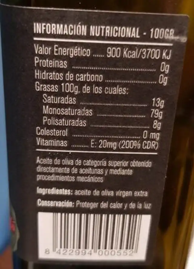 Aceite de Oliva Virgen Extra nutrition facts table