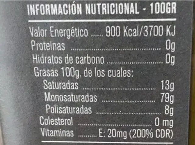 Aceite de oliva virgen extra nutrition facts table