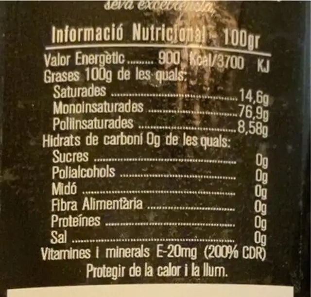 Oli d,oliva verge extra argudell nutrition facts table